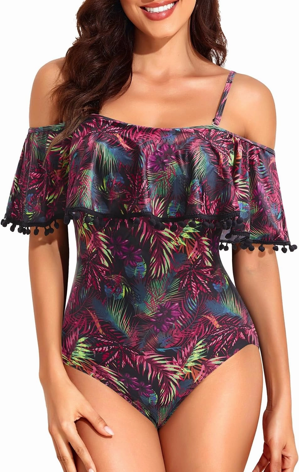 Tempt Me Off Shoulder One Piece Swimsuit for Women Ruffled Sleeves Retro Bathing Suits