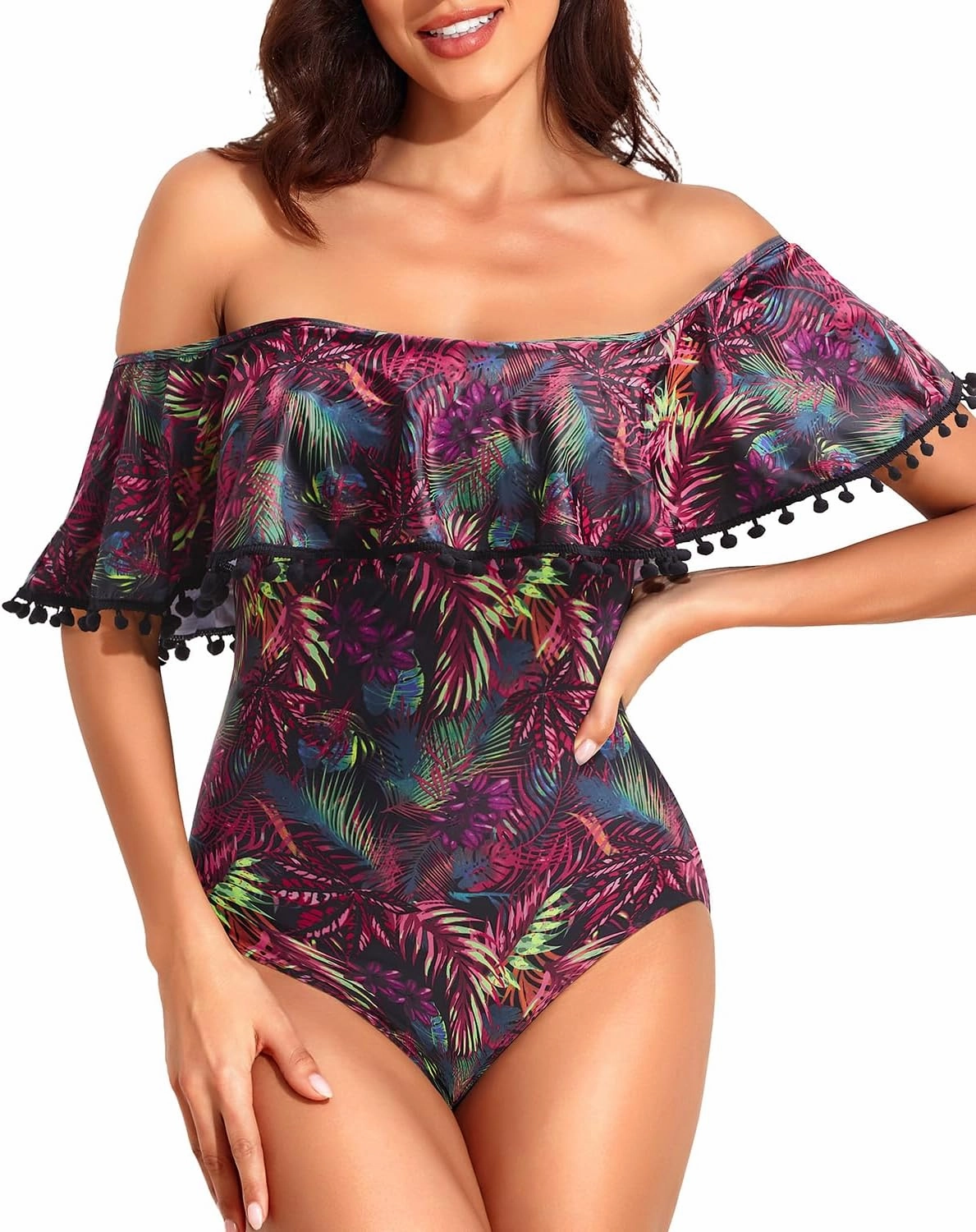 Tempt Me Off Shoulder One Piece Swimsuit for Women Ruffled Sleeves Retro Bathing Suits
