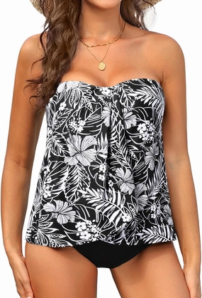 Tempt Me Two Piece Tankini Bathing Suits for Women Halter Bandeau Swim Top with Bottom Flyaway Tummy Control Swimsuit