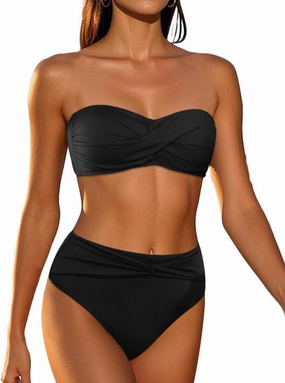 Tempt Me Women Bandeau Bikini Set Twist Strapless Two Piece Swimsuit High Cut High Waisted Bathing Suits