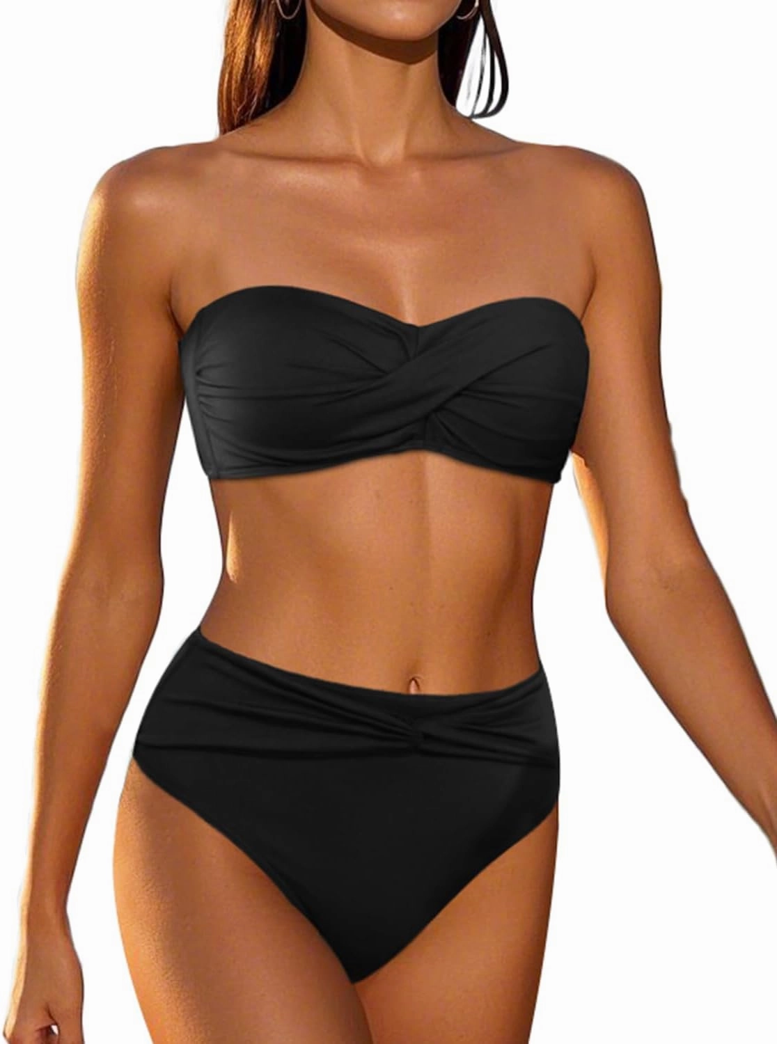Tempt Me Women Bandeau Bikini Set Twist Strapless Two Piece Swimsuit High Cut High Waisted Bathing Suits