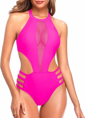 Tempt Me Women One Piece Sexy Mesh Swimsuit High Neck Halter Cutout Monokini Swimwear