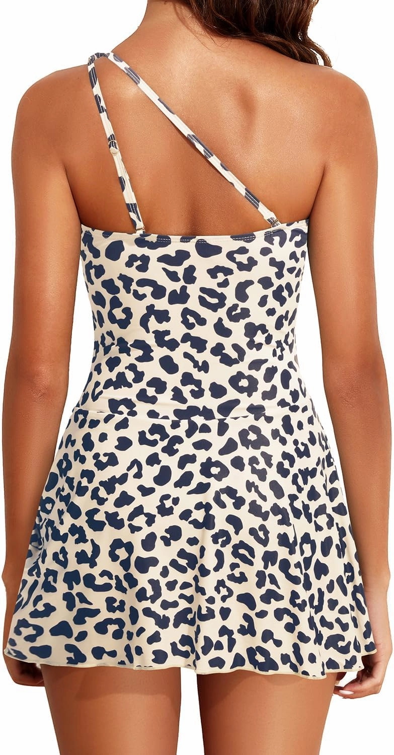Tempt Me Women One Piece Swim Dress One Shoulder Swimsuit with Skirt Tummy Control Swimdress Bathing Suit