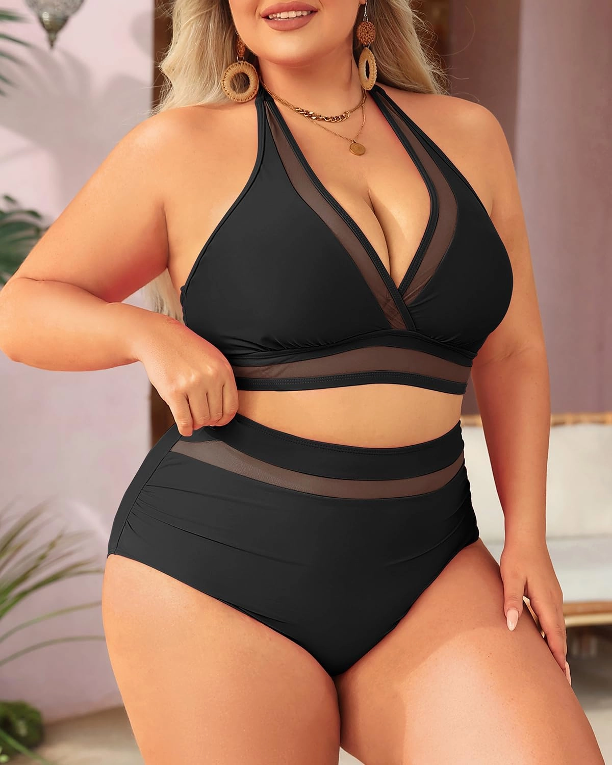 Tempt Me Women Plus Size Bikini High Waisted Swimsuits Mesh Tummy Control Two Piece Bathing Suit