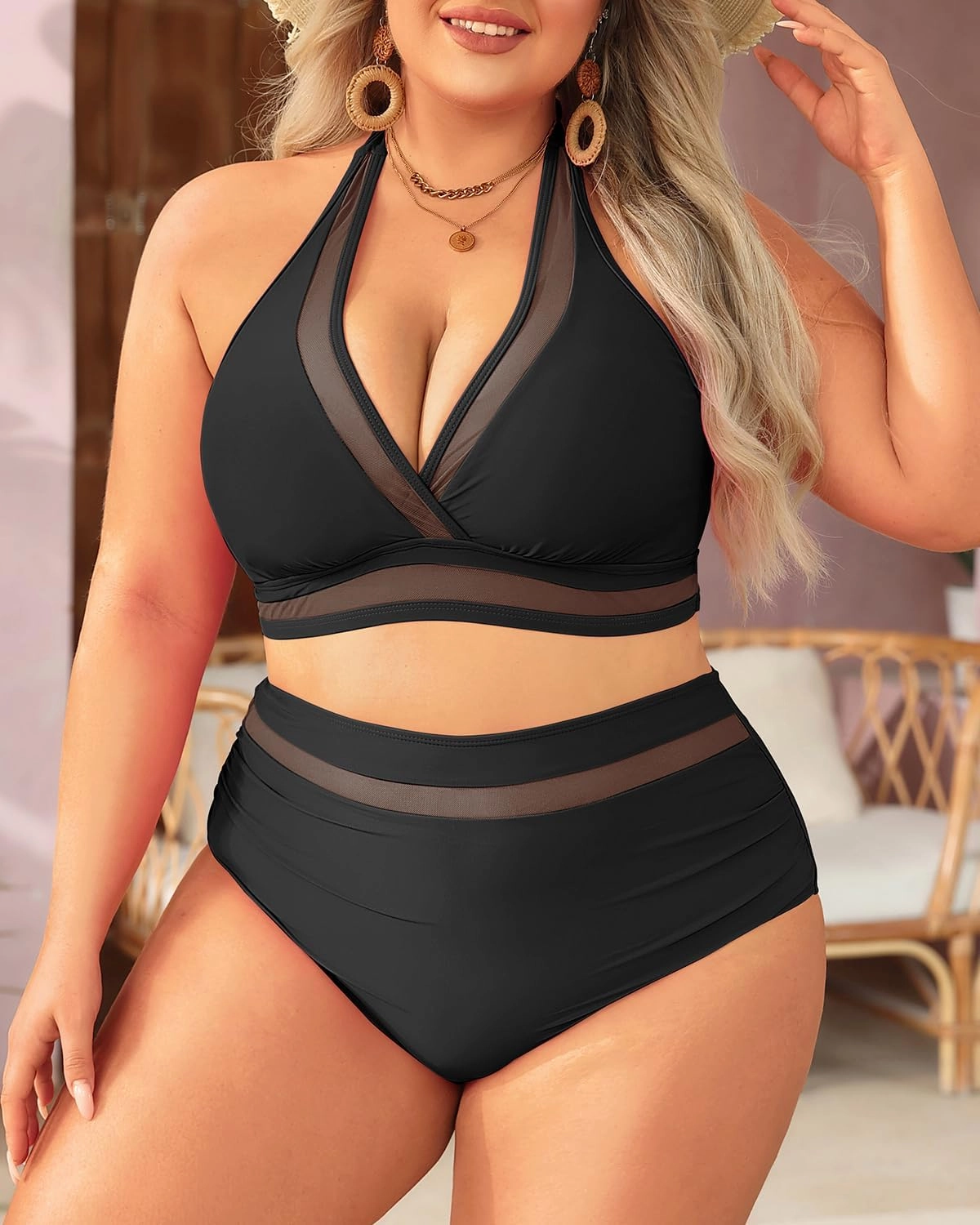 Tempt Me Women Plus Size Bikini High Waisted Swimsuits Mesh Tummy Control Two Piece Bathing Suit