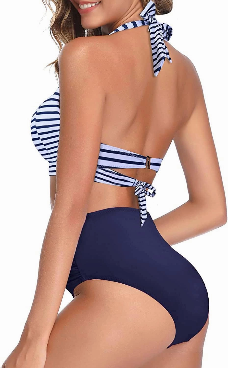 Tempt Me Women Two Piece Vintage Swimsuit Retro Halter Ruched High Waist Bikini with Bottom