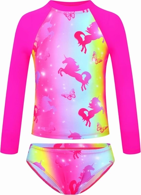 TENVDA Girls Swimsuit Long Sleeve Rash Guard Sets UPF 50  Two Piece Bathing Suits Size 3-12 Years