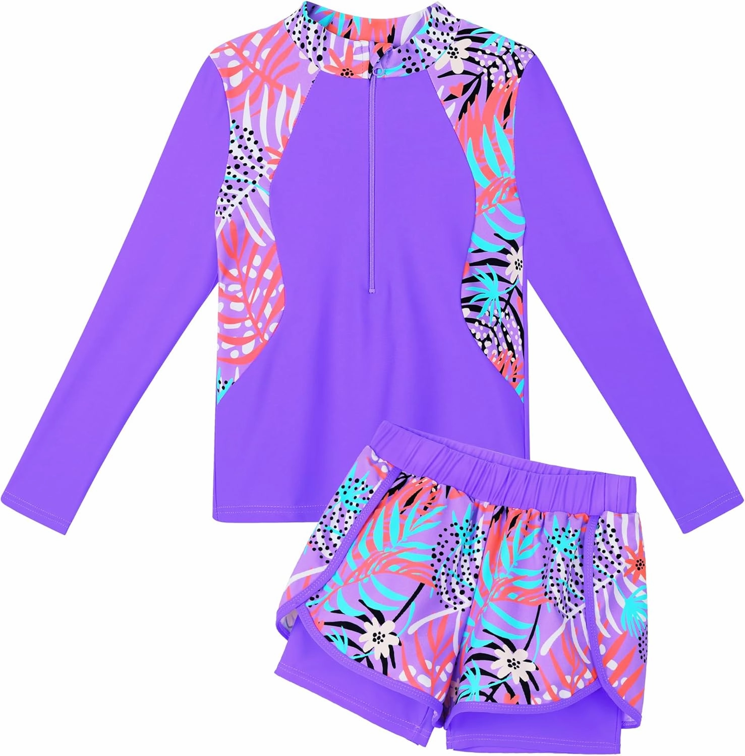 TFJH E 2PCS Girls Long Sleeve Swimsuit UV 50  Rashguard Tankini Set Kids Swimwear Zipper 3-12Y