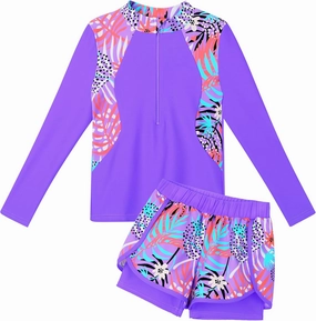 TFJH E 2PCS Girls Long Sleeve Swimsuit UV 50  Rashguard Tankini Set Kids Swimwear Zipper 3-12Y