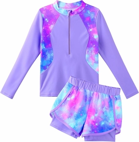 TFJH E 2PCS Girls Long Sleeve Swimsuit UV 50  Rashguard Tankini Set Kids Swimwear Zipper 3-12Y