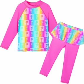 TFJH E Girls Long Sleeve Swimsuits Skirt 2-Pieces Rash Guard Set Sun Protection UV 50 