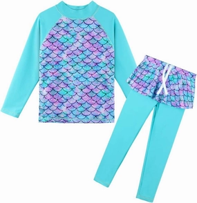 TFJH E Girls Long Sleeve Swimsuits Skirt 2-Pieces Rash Guard Set Sun Protection UV 50 