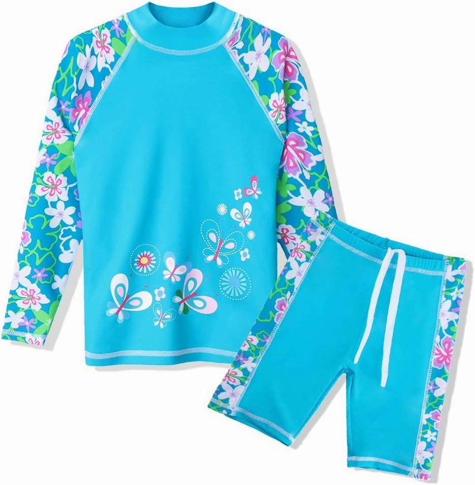 TFJH E Girls Swimsuit UPF 50  UV Two Piece Long Sleeve Swimwear Rash Guard Sets 3-12Y