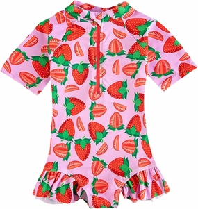 Toddler Girl Swimsuit One Piece Rash Guard Bathing Suit Little Girls Short Sleeve Quick Dry Swimwear 1-7 Years