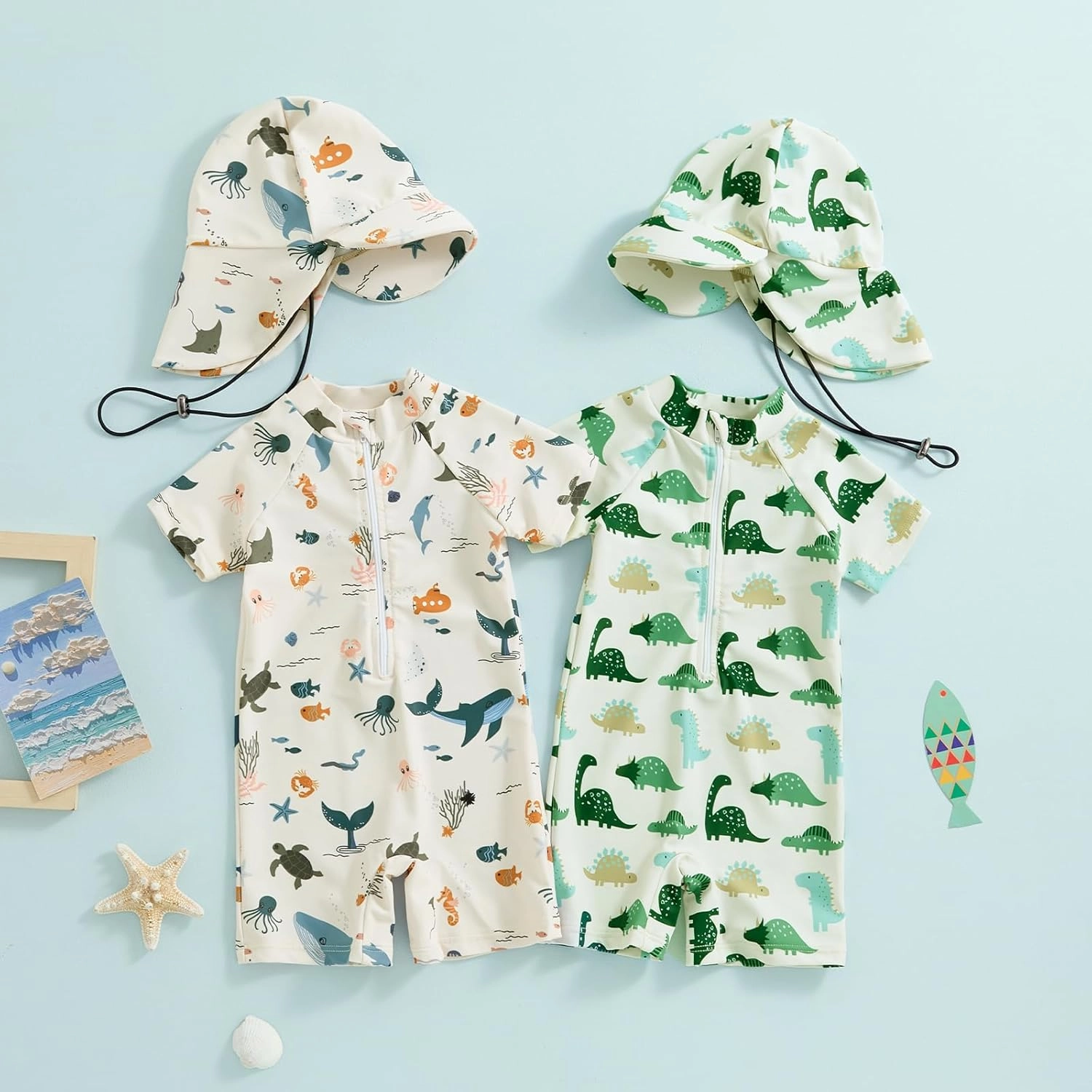 Toddler Infant Baby Boys Swimsuit Kids Rash Guard One Piece Newborn Zipper Bathing Suit Swimwear with Hat