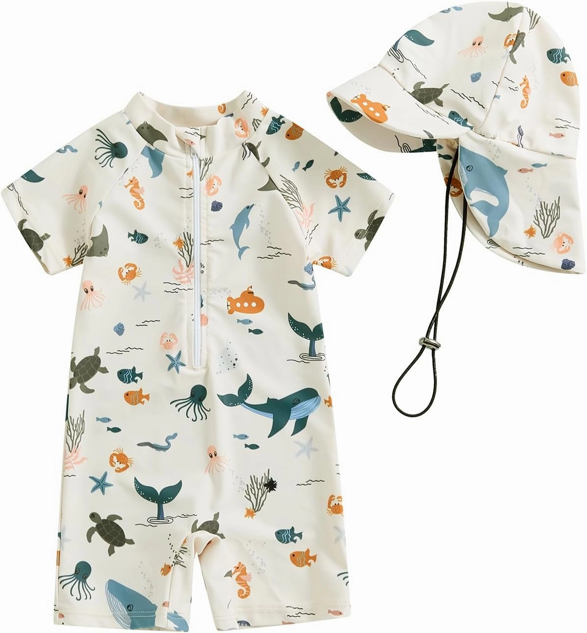Toddler Infant Baby Boys Swimsuit Kids Rash Guard One Piece Newborn Zipper Bathing Suit Swimwear with Hat