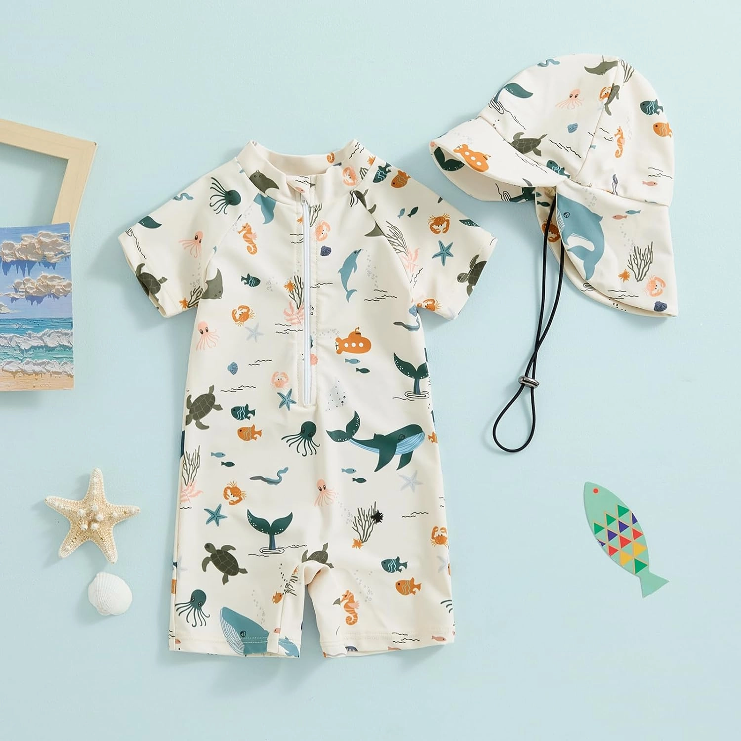 Toddler Infant Baby Boys Swimsuit Kids Rash Guard One Piece Newborn Zipper Bathing Suit Swimwear with Hat