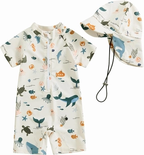 Toddler Infant Baby Boys Swimsuit Kids Rash Guard One Piece Newborn Zipper Bathing Suit Swimwear with Hat
