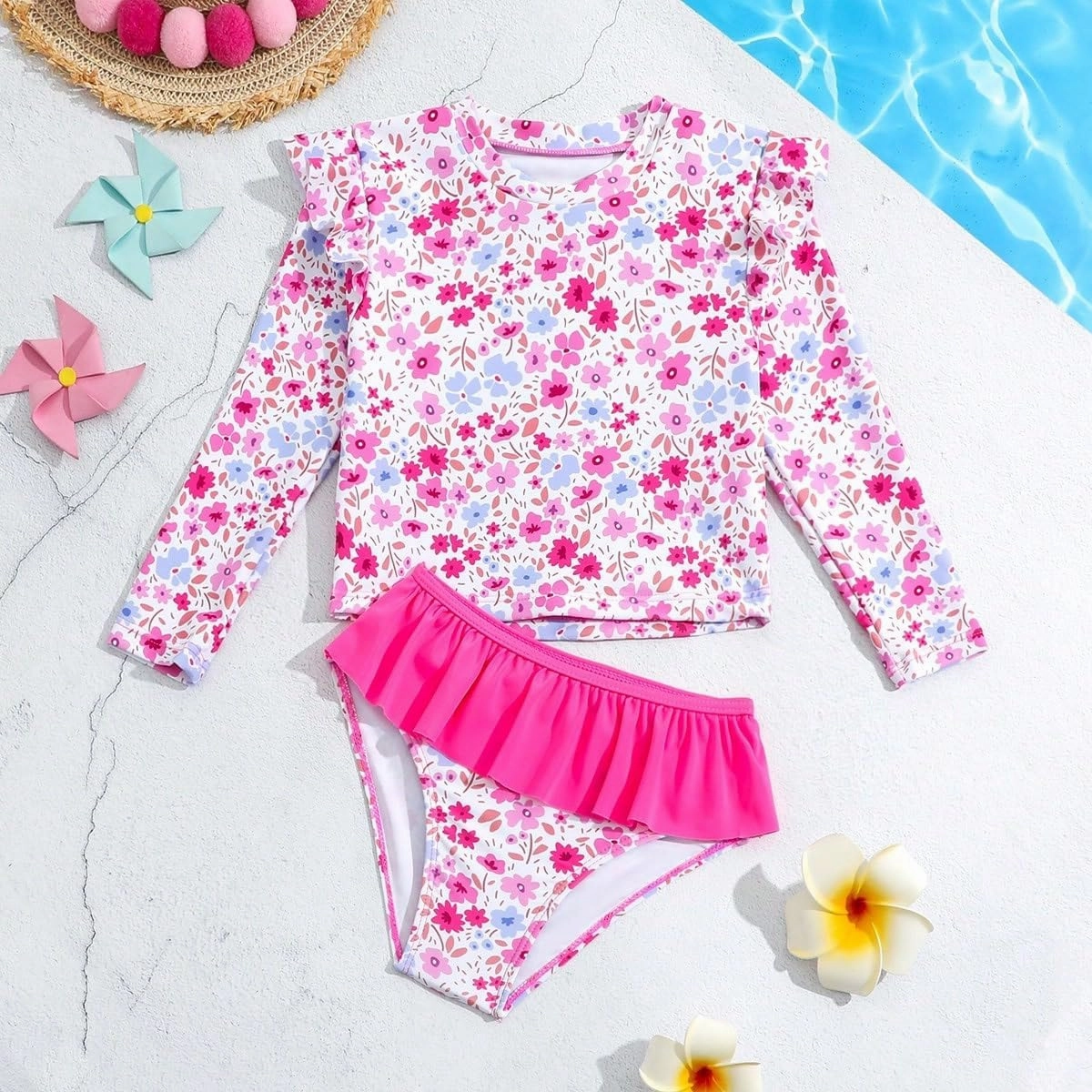 Toddler Swimsuit Girl 3 Piece Rash Guard Bathing Suit Cute Little Girls Long Sleeve Quick Dry Swimwear 1-6 Years