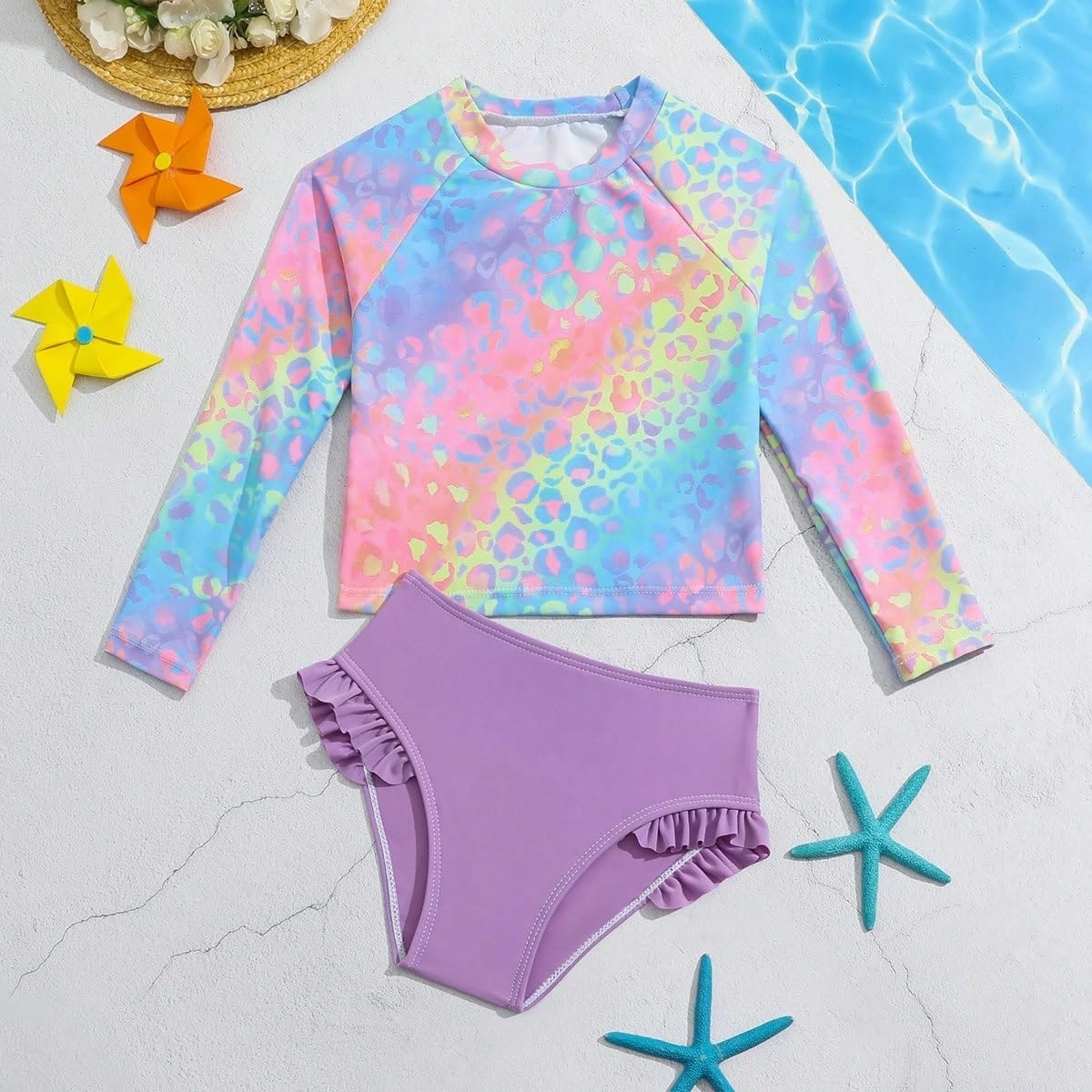 Toddler Swimsuit Girl 3 Piece Rash Guard Bathing Suit Cute Little Girls Long Sleeve Quick Dry Swimwear 1-6 Years