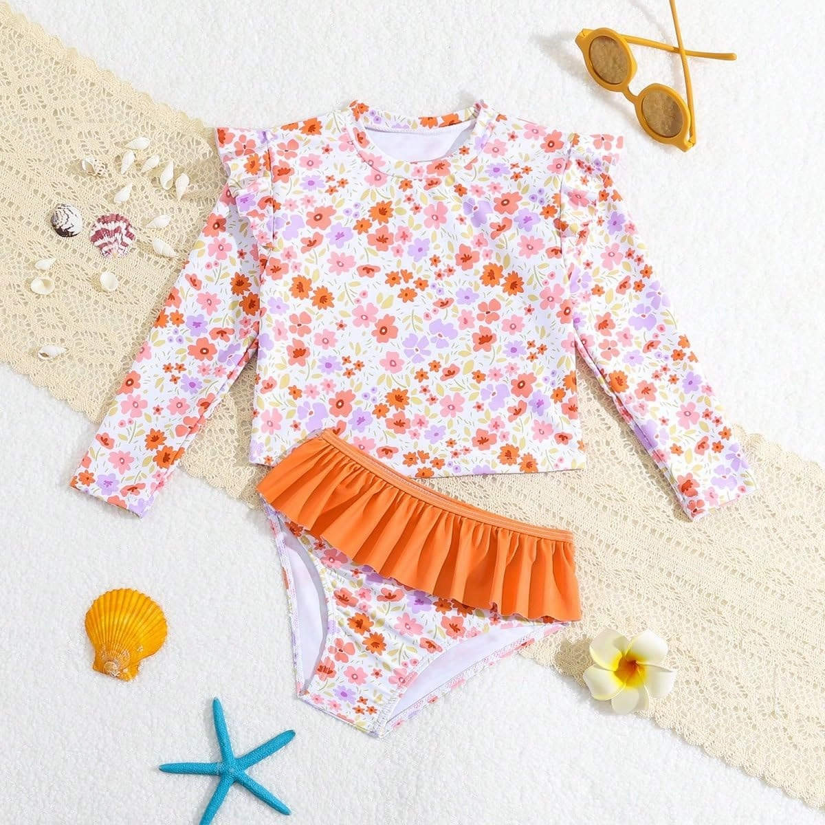 Toddler Swimsuit Girl 3 Piece Rash Guard Bathing Suit Cute Little Girls Long Sleeve Quick Dry Swimwear 1-6 Years