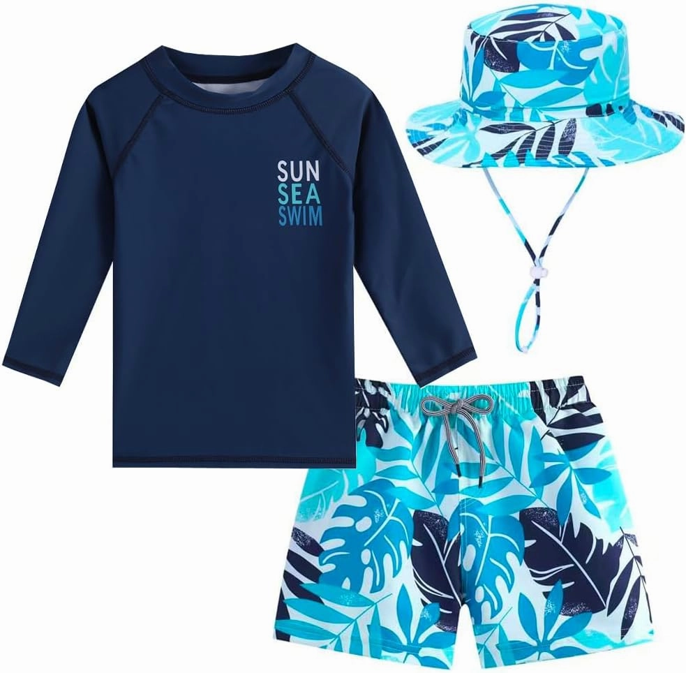 Toddlers and Baby Boys' 3-Piece Rash Guard Swimsuits Kids Long Sleeve Sunsuit Swimwear Sets