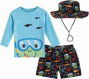 Toddlers and Baby Boys' 3-Piece Rash Guard Swimsuits Kids Long Sleeve Sunsuit Swimwear Sets