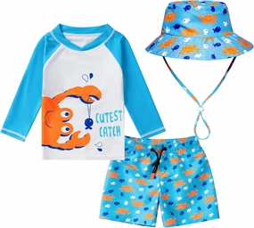 Toddlers and Baby Boys' 3-Piece Rashguard Sets Swimsuits Sets with Hat Surfing Swimwear Sunsuit UPF 50 