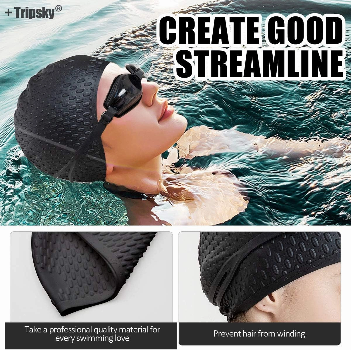 Tripsky Silicone Swim Cap,Comfortable Bathing Cap Ideal for Curly Short Medium Long Hair, Swimming Cap for Women and Men, Shower Caps Keep Hairstyle Unchanged