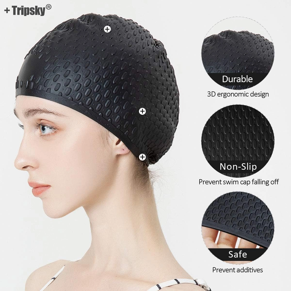 Tripsky Silicone Swim Cap,Comfortable Bathing Cap Ideal for Curly Short Medium Long Hair, Swimming Cap for Women and Men, Shower Caps Keep Hairstyle Unchanged