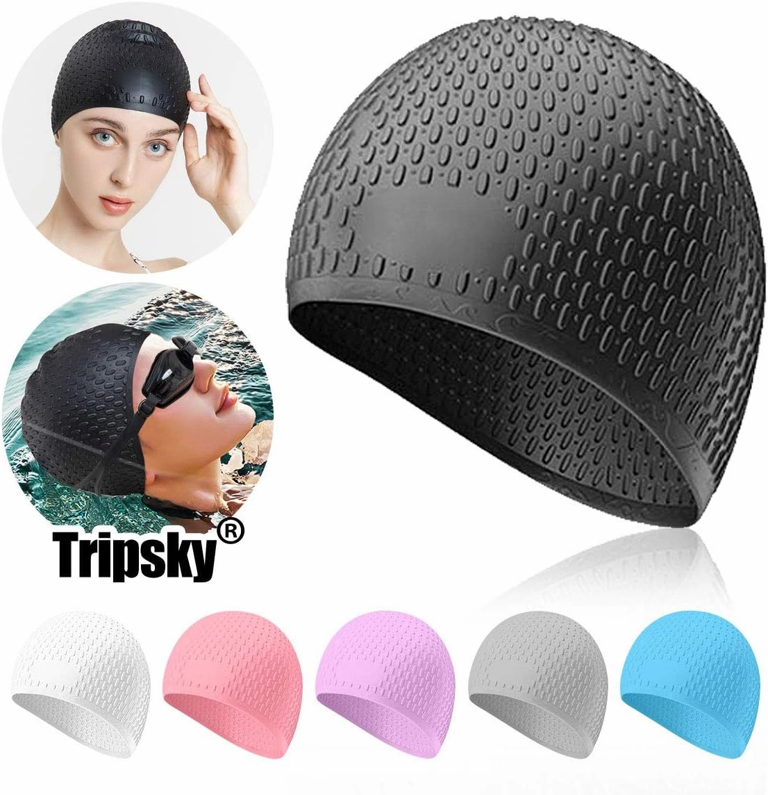 Tripsky Silicone Swim Cap,Comfortable Bathing Cap Ideal for Curly Short Medium Long Hair, Swimming Cap for Women and Men, Shower Caps Keep Hairstyle Unchanged