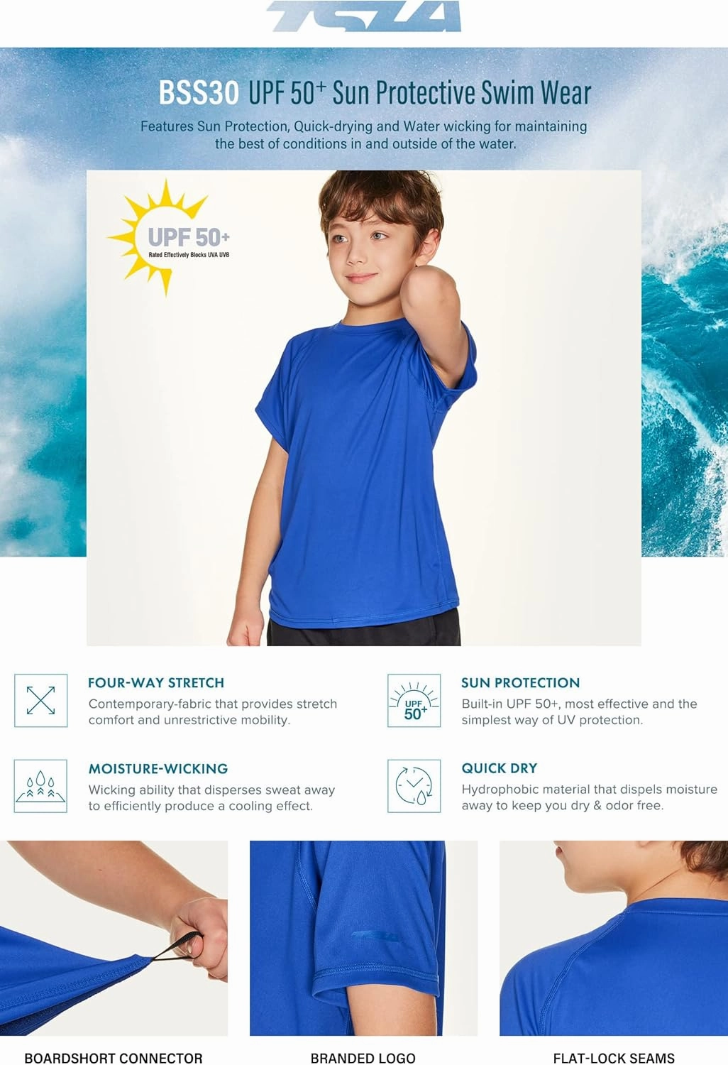 TSLA Youth Kids UPF 50  Short Sleeve, Aqua Water Swimsuit Top, UV/SPF Surf Swim Shirt