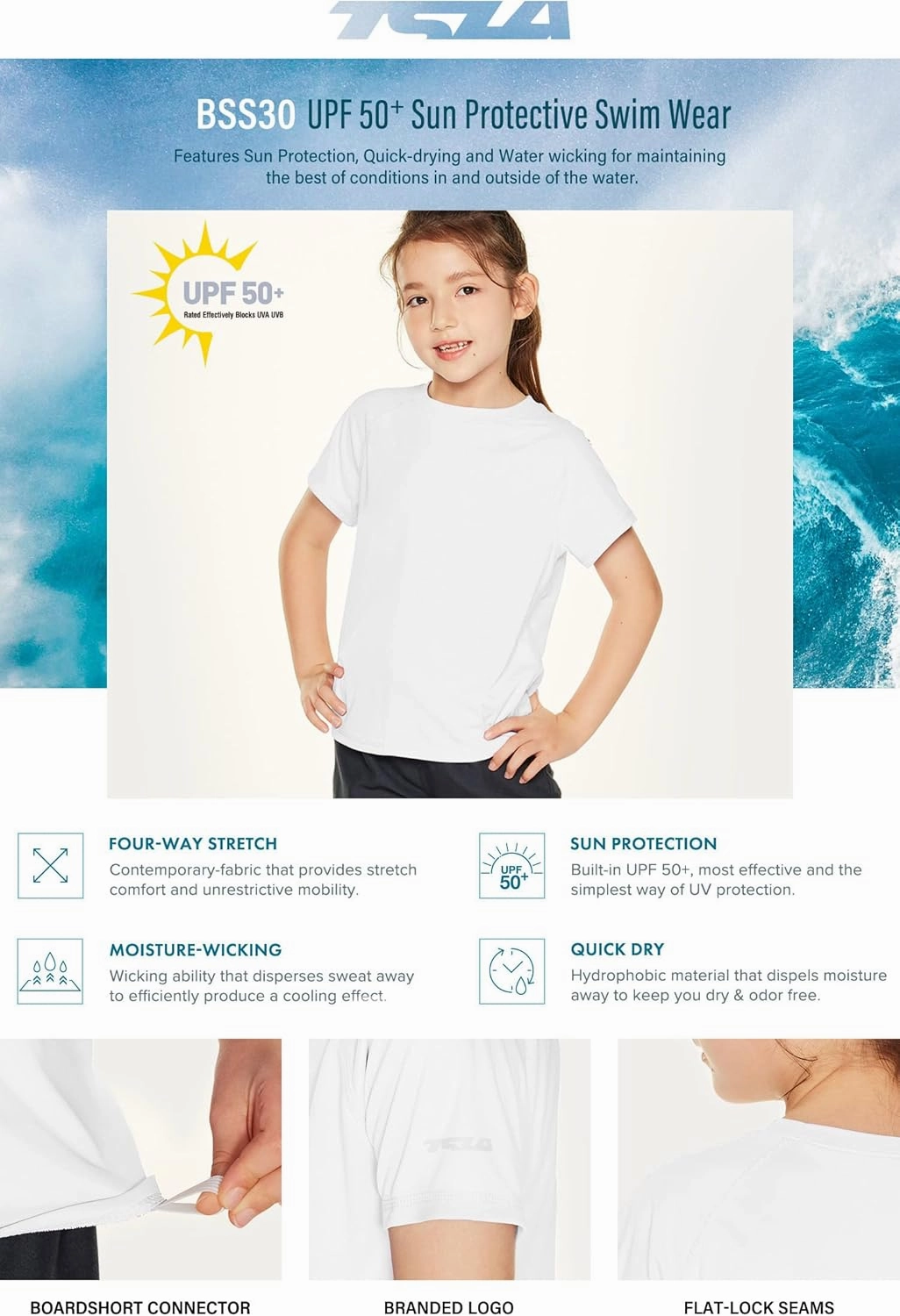 TSLA Youth Kids UPF 50  Short Sleeve, Aqua Water Swimsuit Top, UV/SPF Surf Swim Shirt