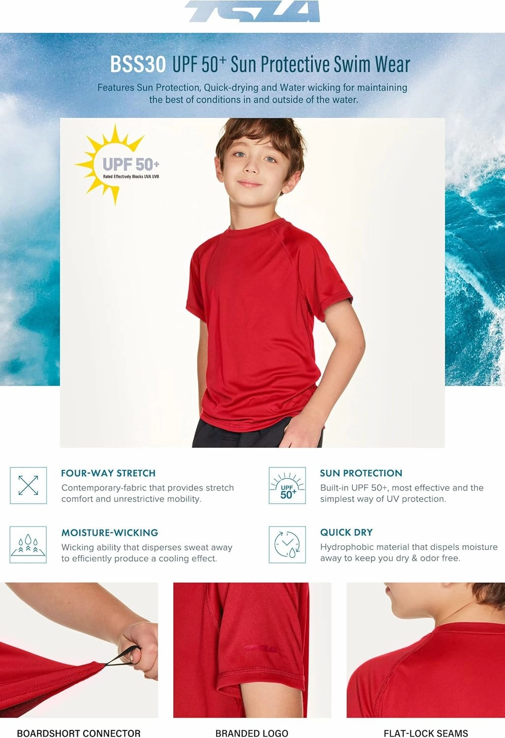 TSLA Youth Kids UPF 50  Short Sleeve, Aqua Water Swimsuit Top, UV/SPF Surf Swim Shirt