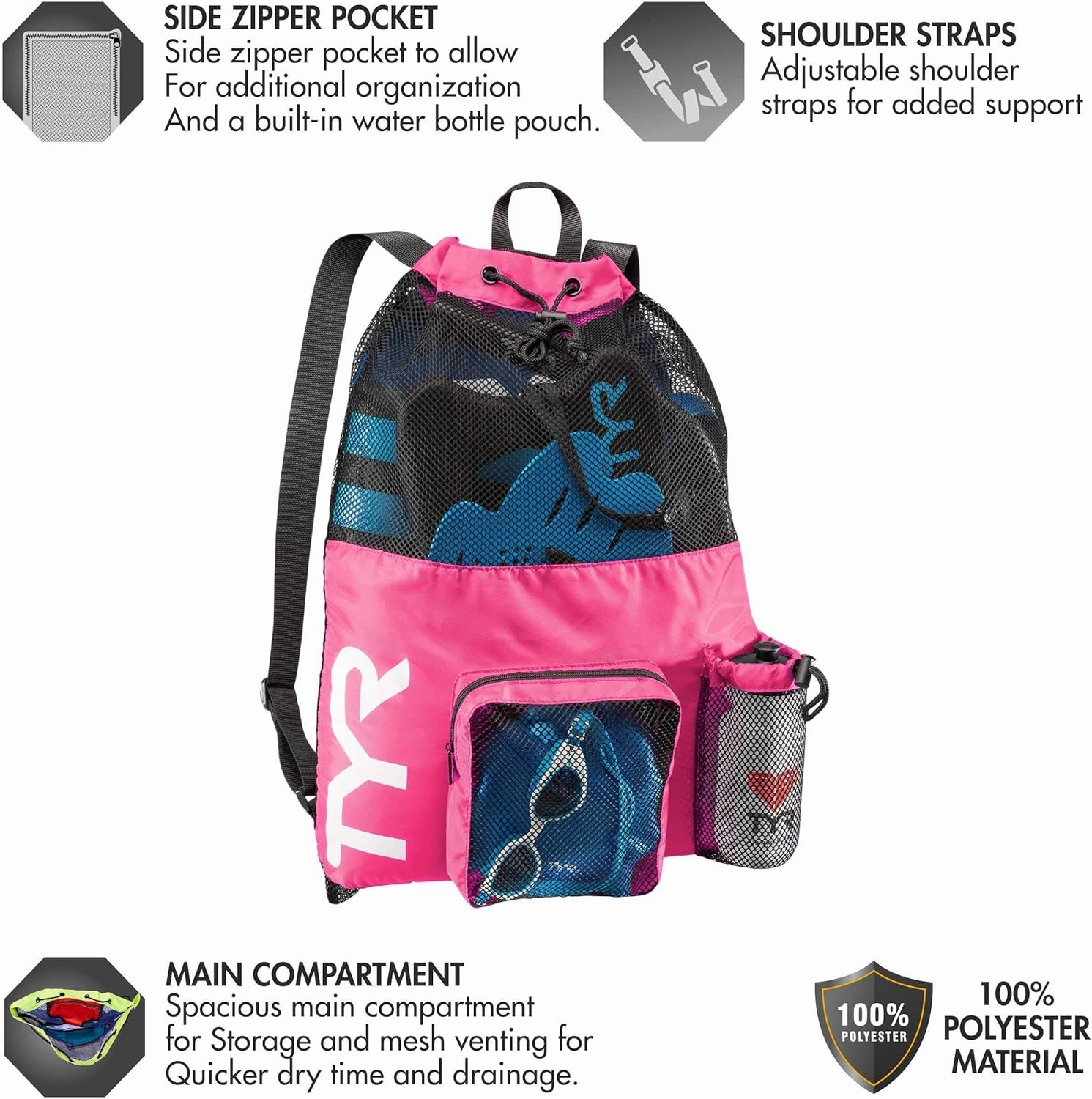 TYR Big Mesh Mummy Backpack For Wet Swimming, Gym, and Workout Gear , Pink