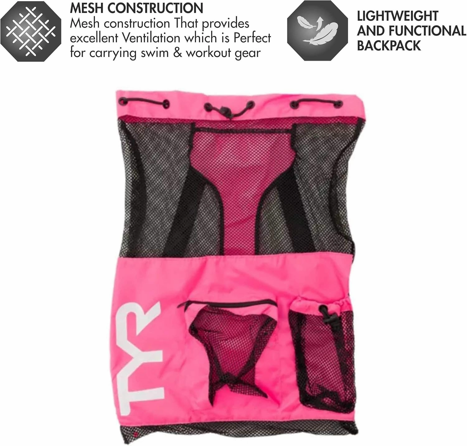 TYR Big Mesh Mummy Backpack For Wet Swimming, Gym, and Workout Gear , Pink