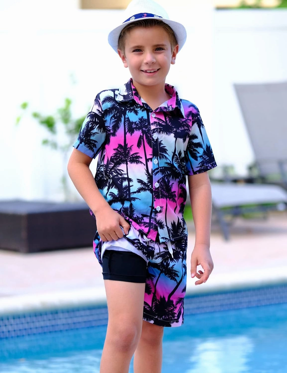 UNICOMIDEA Boys Hawaiian Outfits Tropical Print Button Down Shirt   Swim Trunks 2 Piece Sets for 5-12T Kids