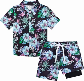 UNICOMIDEA Boys Hawaiian Outfits Tropical Print Button Down Shirt   Swim Trunks 2 Piece Sets for 5-12T Kids