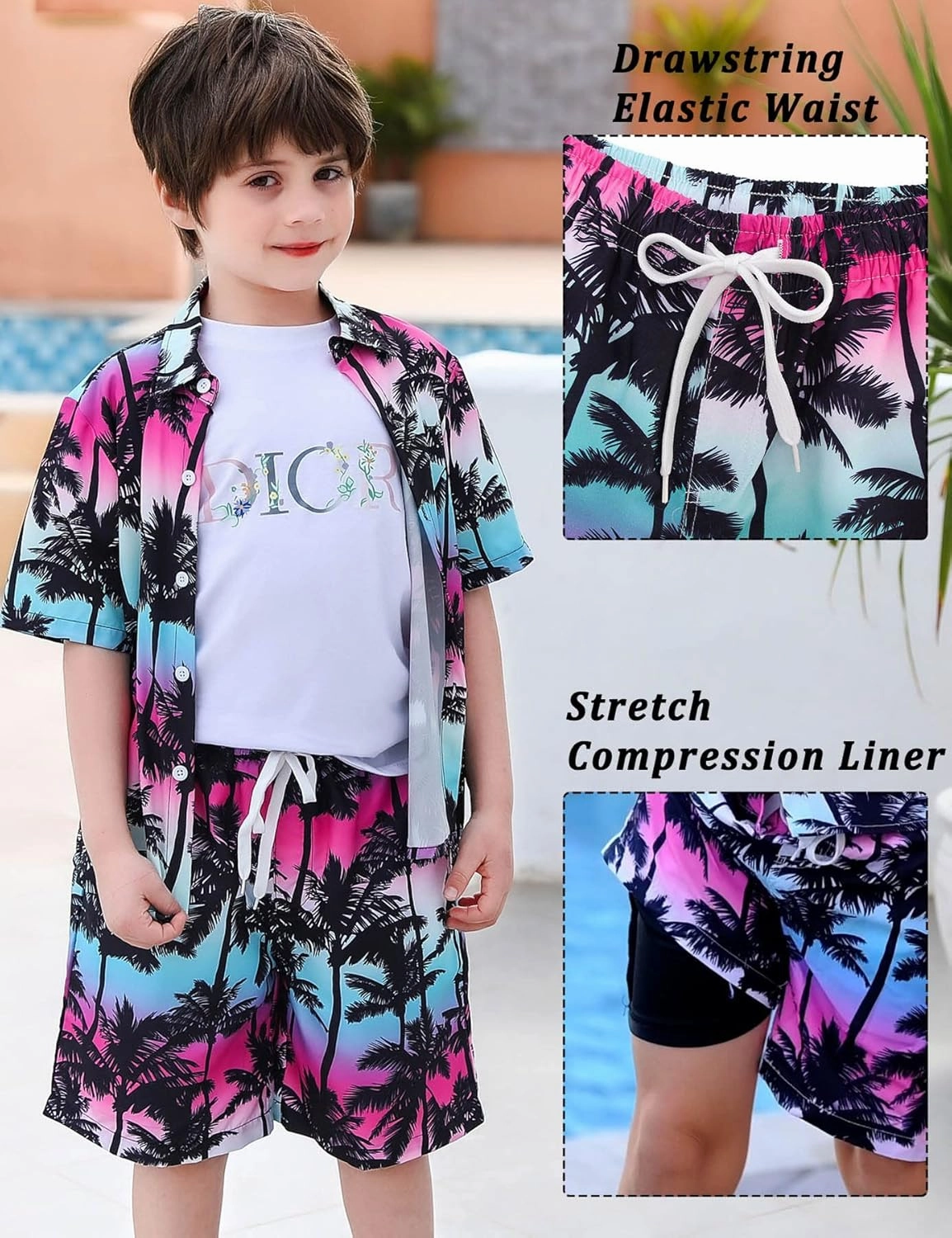 UNICOMIDEA Boys Hawaiian Outfits Tropical Print Button Down Shirt   Swim Trunks 2 Piece Sets for 5-12T Kids