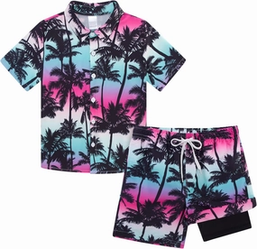 UNICOMIDEA Boys Hawaiian Outfits Tropical Print Button Down Shirt   Swim Trunks 2 Piece Sets for 5-12T Kids