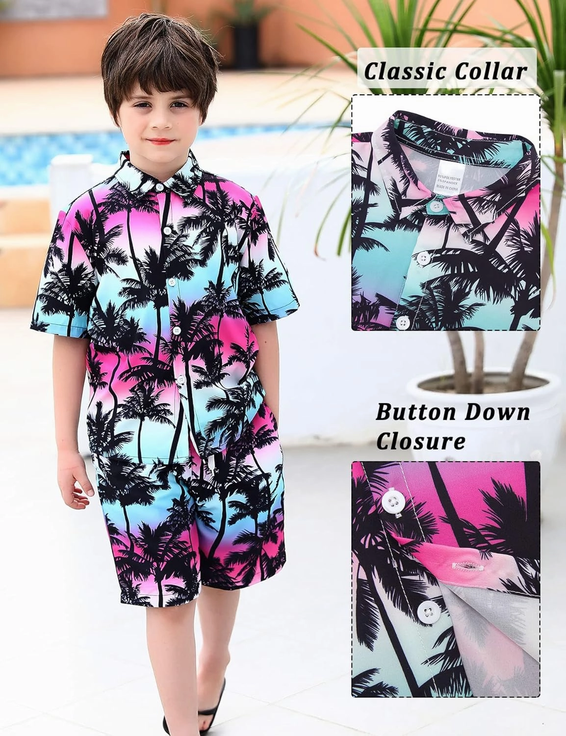 UNICOMIDEA Boys Hawaiian Outfits Tropical Print Button Down Shirt   Swim Trunks 2 Piece Sets for 5-12T Kids