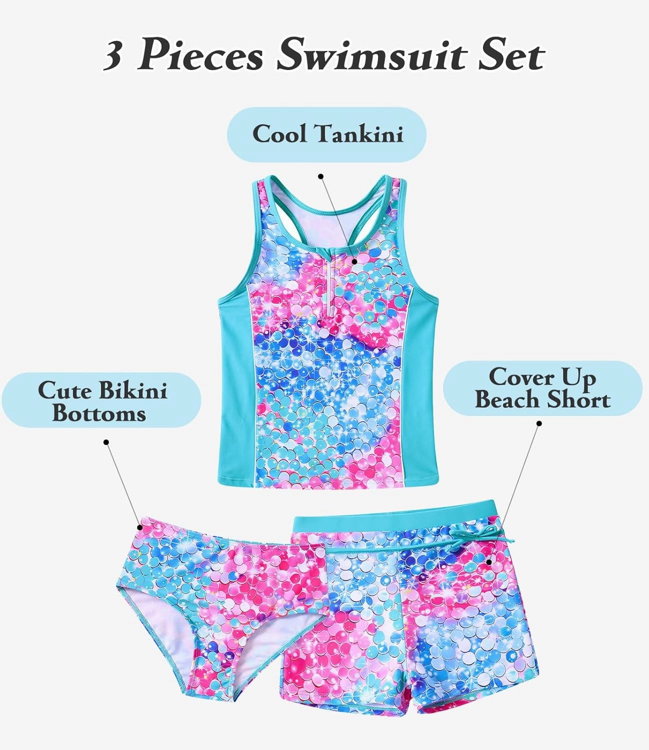 UNICOMIDEA Girls Swimsuits 3 Pieces Tankini Bathing Suit Kids Beach Zipper Bikini Swimwear with Shorts for 7-12 Years
