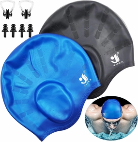 Unisex Swim Caps Ear Protection,2 Pack Silicone Swimming Caps for Short/Long Hair with Ear Plugs&Nose Clip,Waterproof Flexible Swimming Hat for Women Men Adults Kids,Bath Swim Caps Easy to Put On/Off