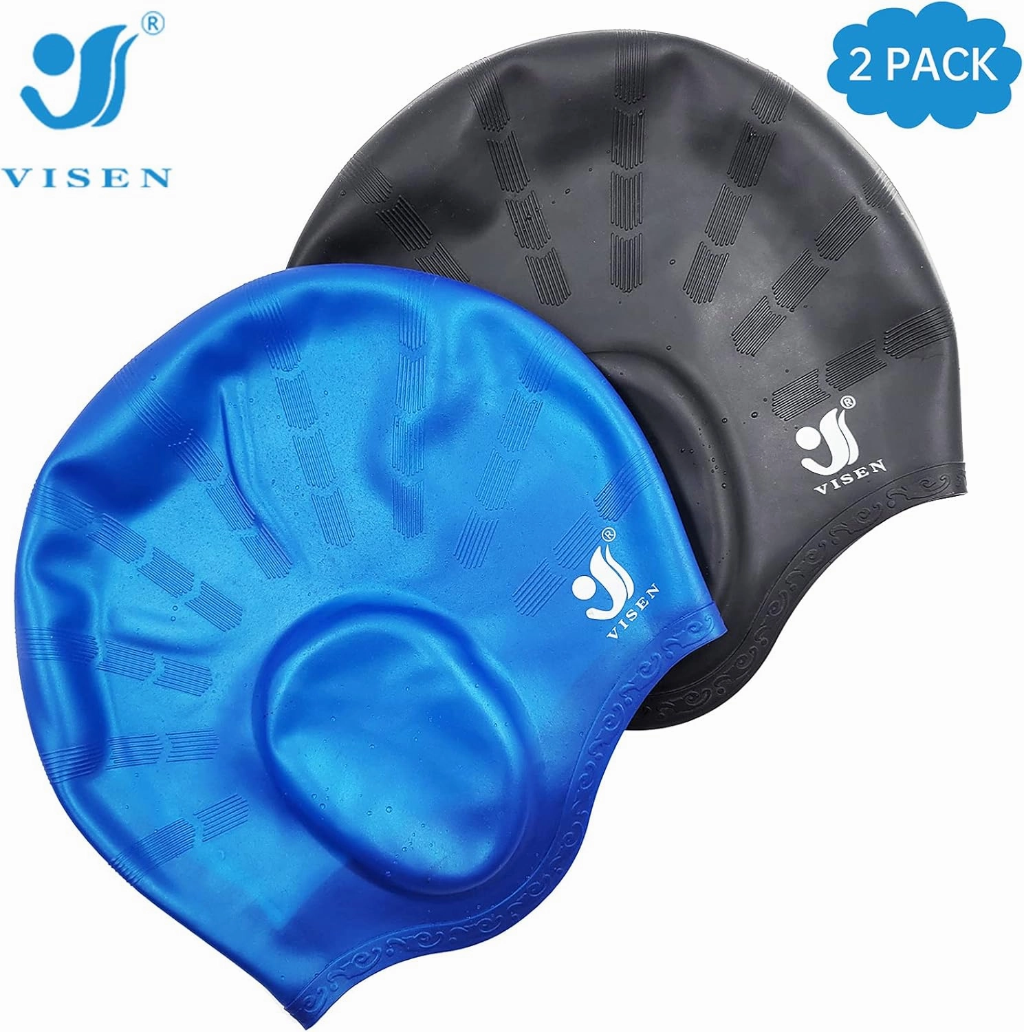 Unisex Swim Caps Ear Protection,2 Pack Silicone Swimming Caps for Short/Long Hair with Ear Plugs&Nose Clip,Waterproof Flexible Swimming Hat for Women Men Adults Kids,Bath Swim Caps Easy to Put On/Off