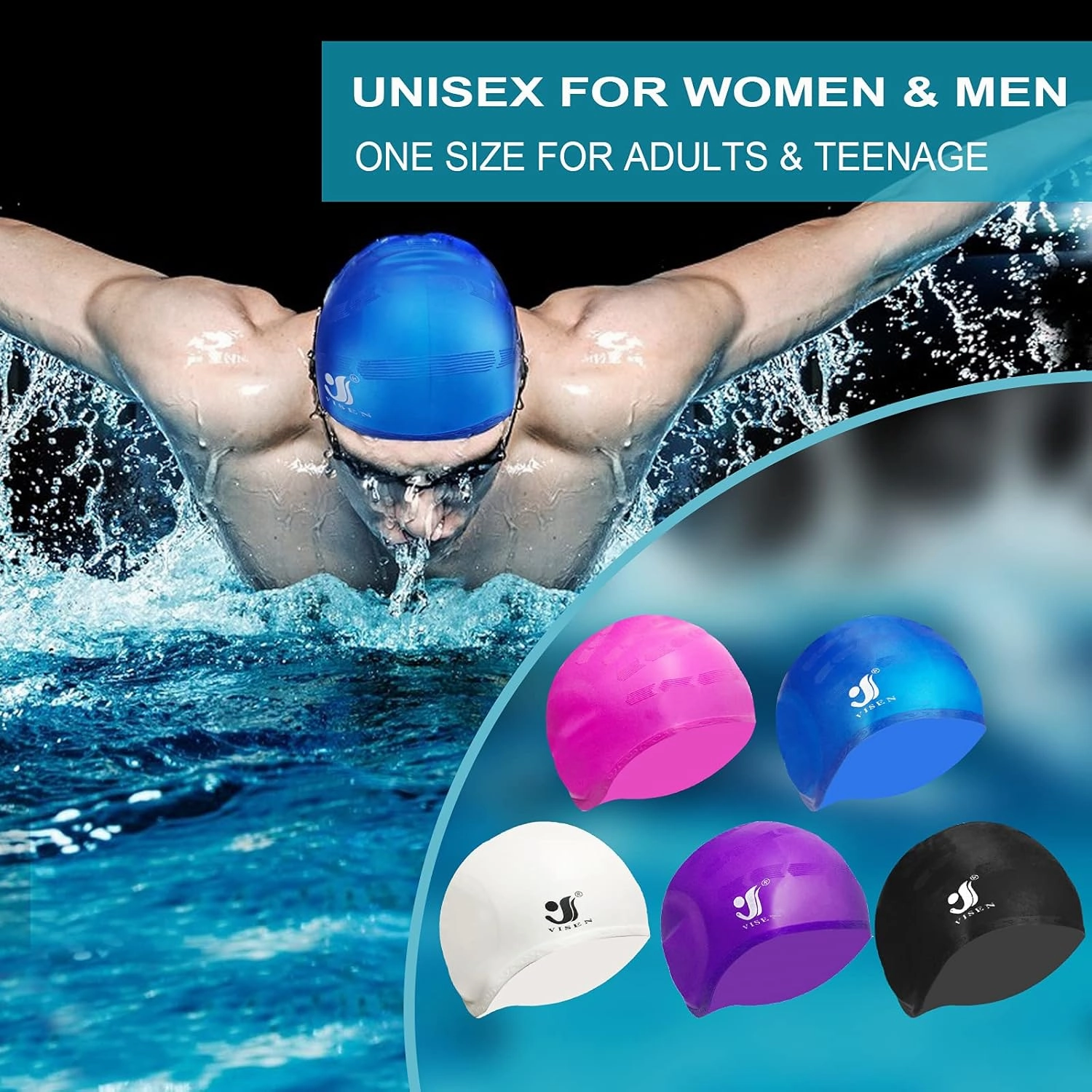 Unisex Swim Caps Ear Protection,2 Pack Silicone Swimming Caps for Short/Long Hair with Ear Plugs&Nose Clip,Waterproof Flexible Swimming Hat for Women Men Adults Kids,Bath Swim Caps Easy to Put On/Off
