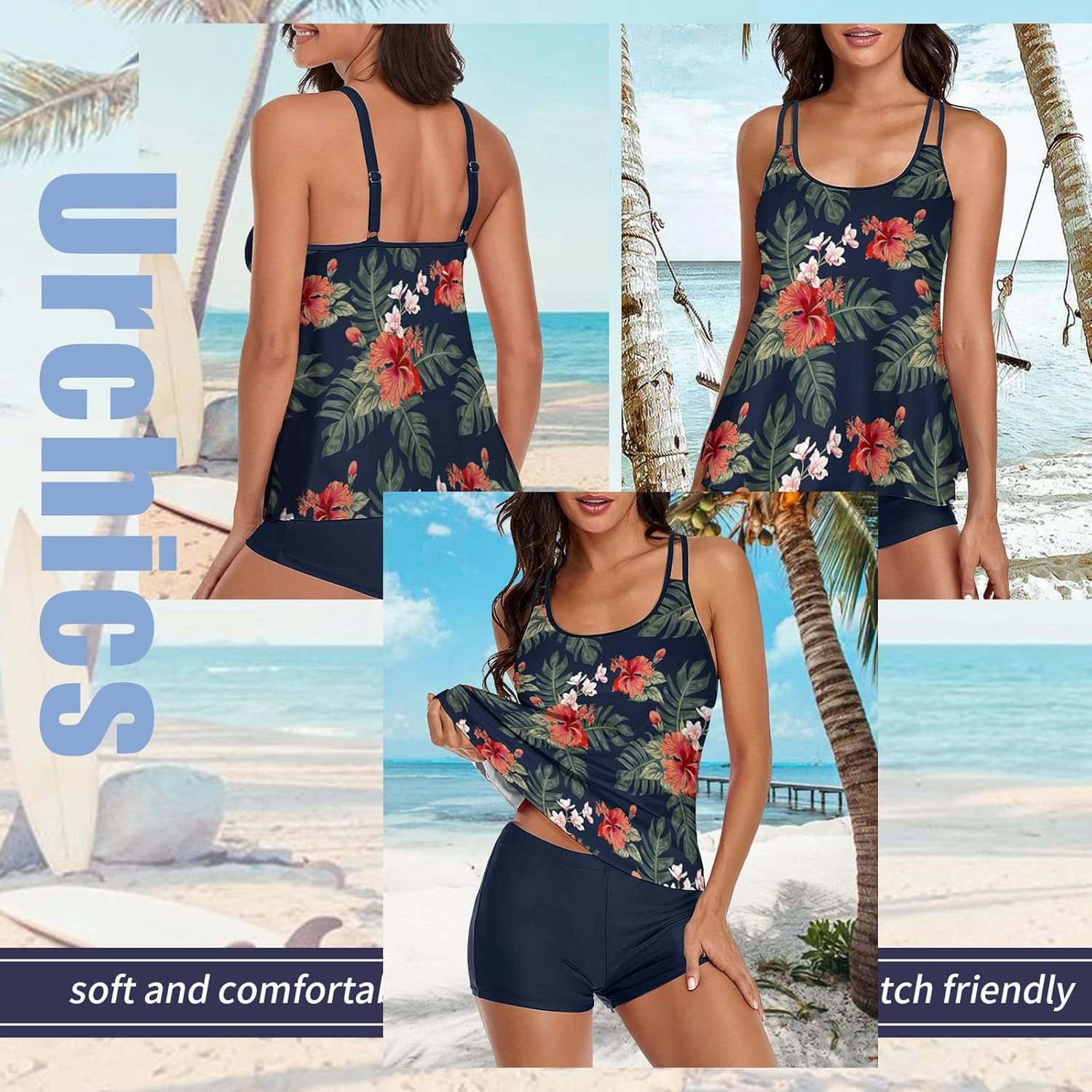 Urchics Womens 2025 Tankini Swimsuits Tummy Control Flowy Swimwear Two Piece Bathing Suits Swim Tank Top with Boyshorts