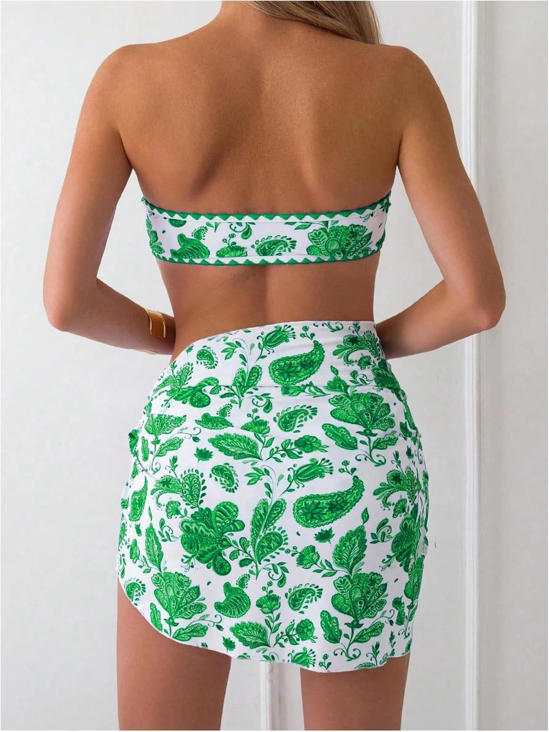 Verdusa Women's 3 Piece Floral Strapless Bikini Set Backless Bandeau Swimsuits with Cover Up Skirt
