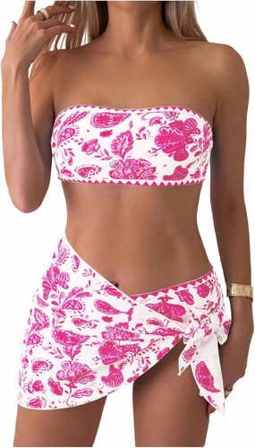Verdusa Women's 3 Piece Floral Strapless Bikini Set Backless Bandeau Swimsuits with Cover Up Skirt