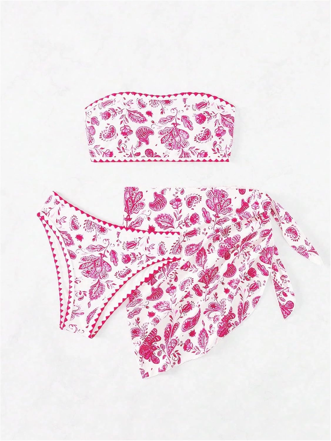 Verdusa Women's 3 Piece Floral Strapless Bikini Set Backless Bandeau Swimsuits with Cover Up Skirt