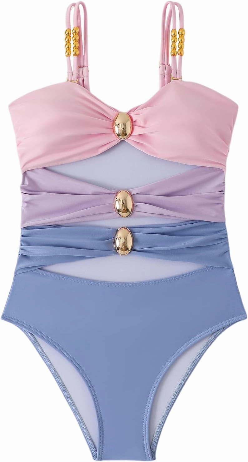 Verdusa Women's Cut Out Colorblock One Piece Swimsuit Ruched Swimwear Bathing Suit